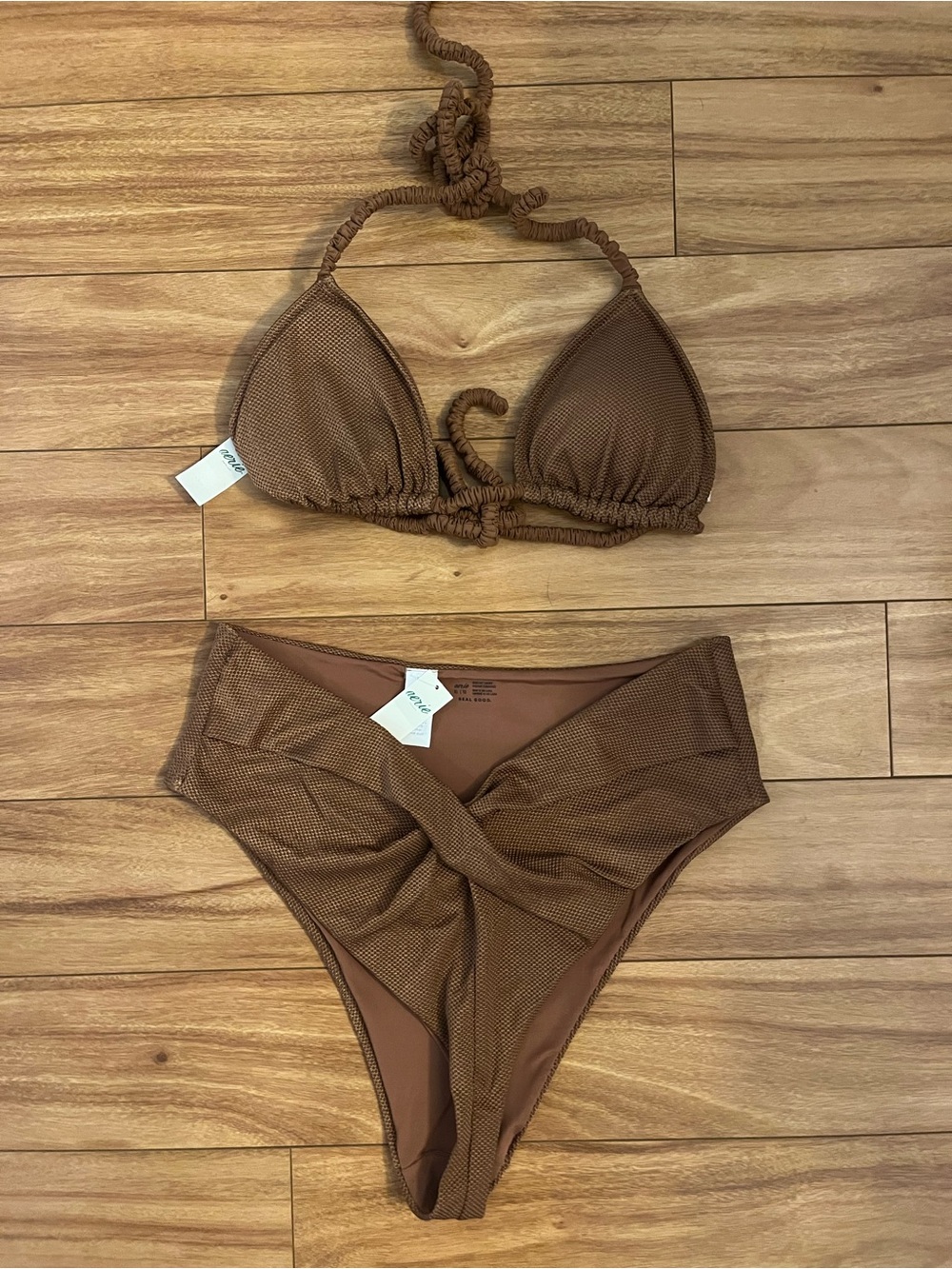 aerie Brown Textured High-Waist Bikini Set